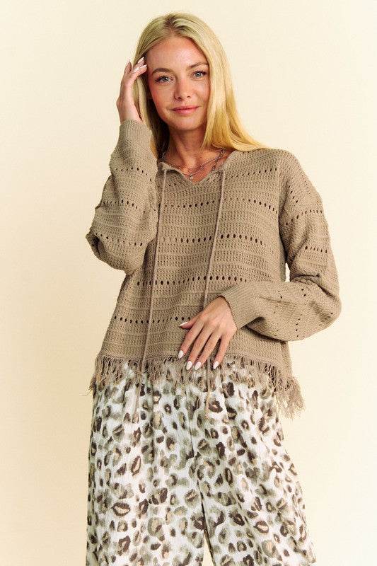 Davi & Dani Fringe Hem Openwork Drop Shoulder Knit Top - DaTrendStore.Com