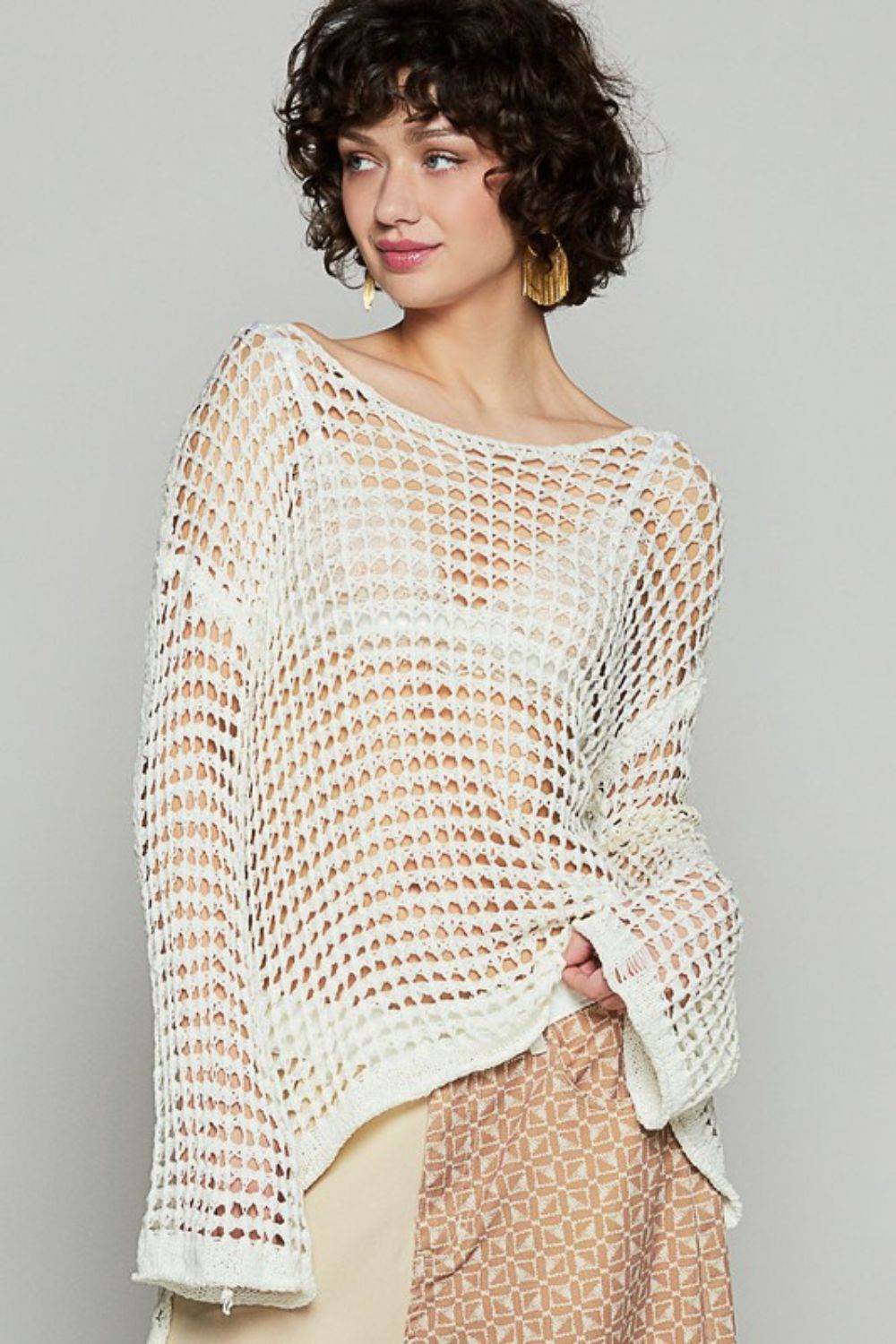 POL Side Slit Openwork Long Sleeve Knit Cover Up - DaTrendStore.Com