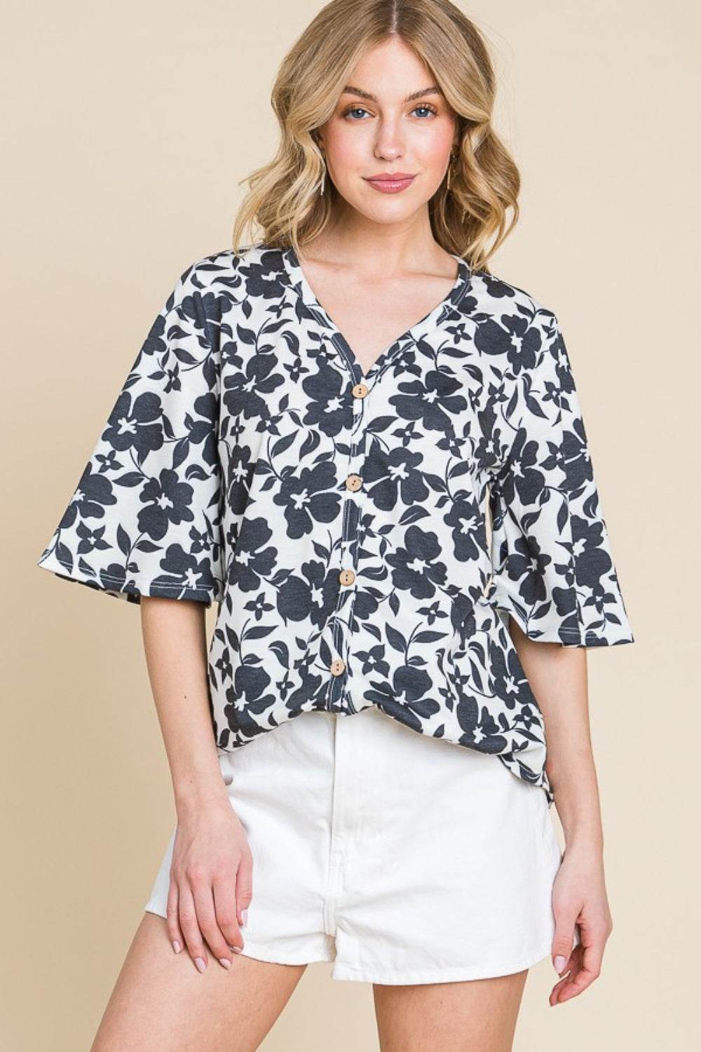 BOMBOM Floral Decorative Button V-Neck Top - DaTrendStore.Com