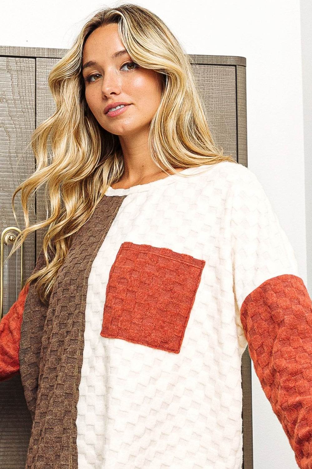 BiBi Color Block Brushed Checker Top - DaTrendStore.Com