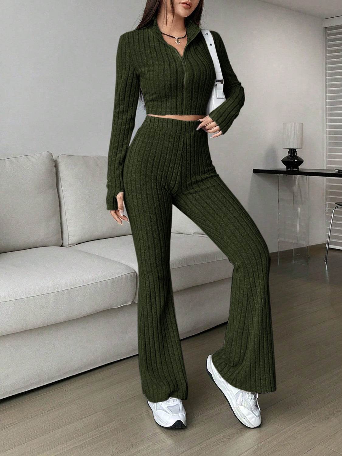 Honey Zip Up Long Sleeve Top and Pants Set - DaTrendStore.Com