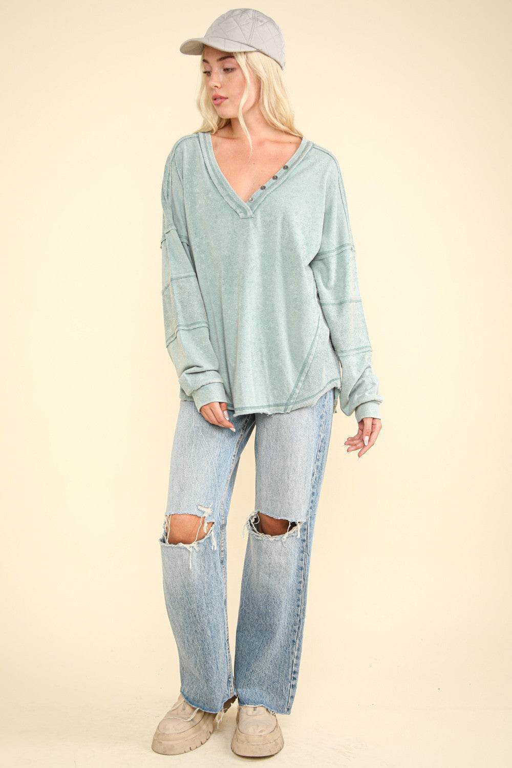 VERY J Washed V-Neck Exposed Seam Knit Top - DaTrendStore.Com