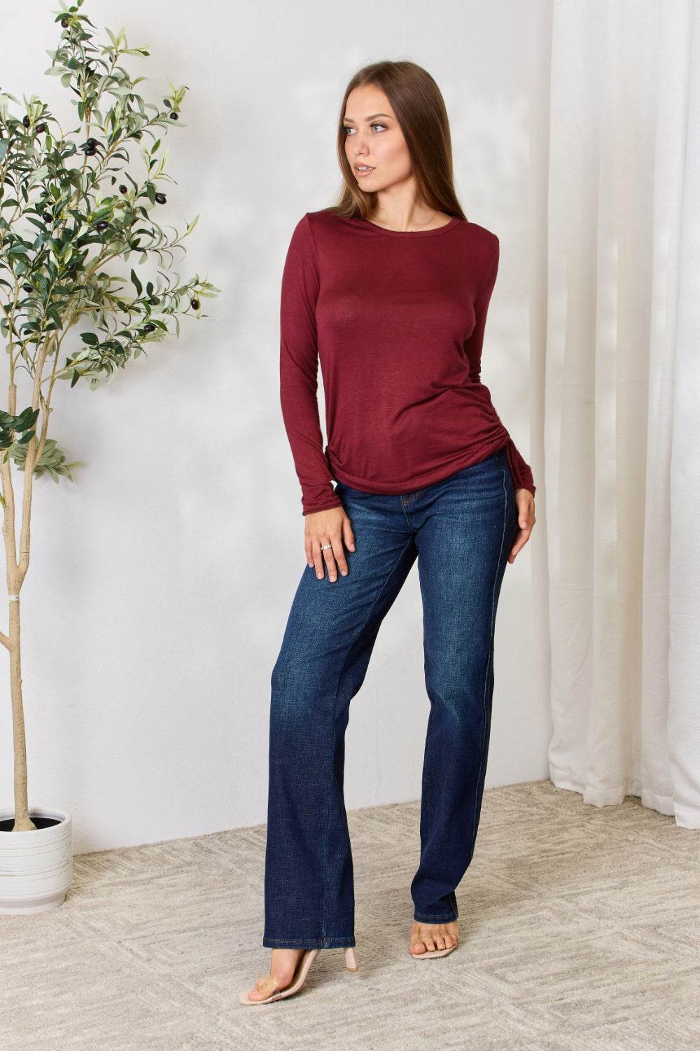 Culture Code Full Size Drawstring Round Neck Long Sleeve Top - DaTrendStore.Com
