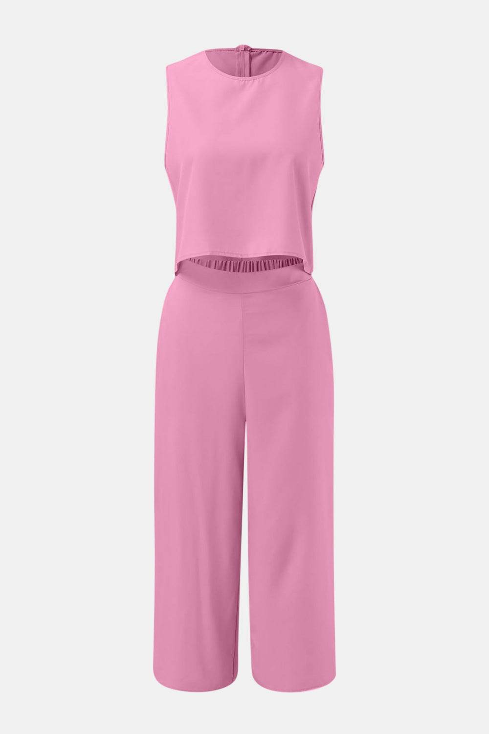 Round Neck Top and Wide Leg Pants Set - DaTrendStore.Com