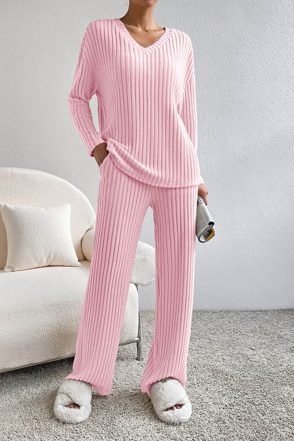 Ribbed V-Neck Top and Pants Lounge Set - DaTrendStore.Com