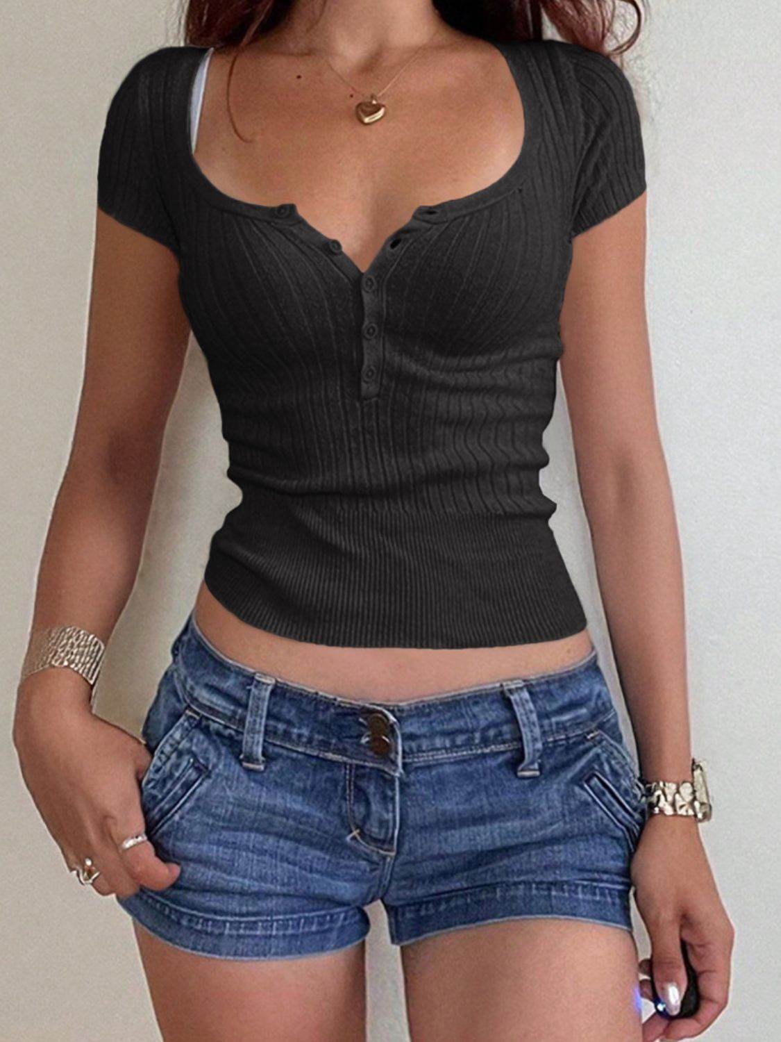 Half Button Scoop Neck Short Sleeve Knit Top - DaTrendStore.Com
