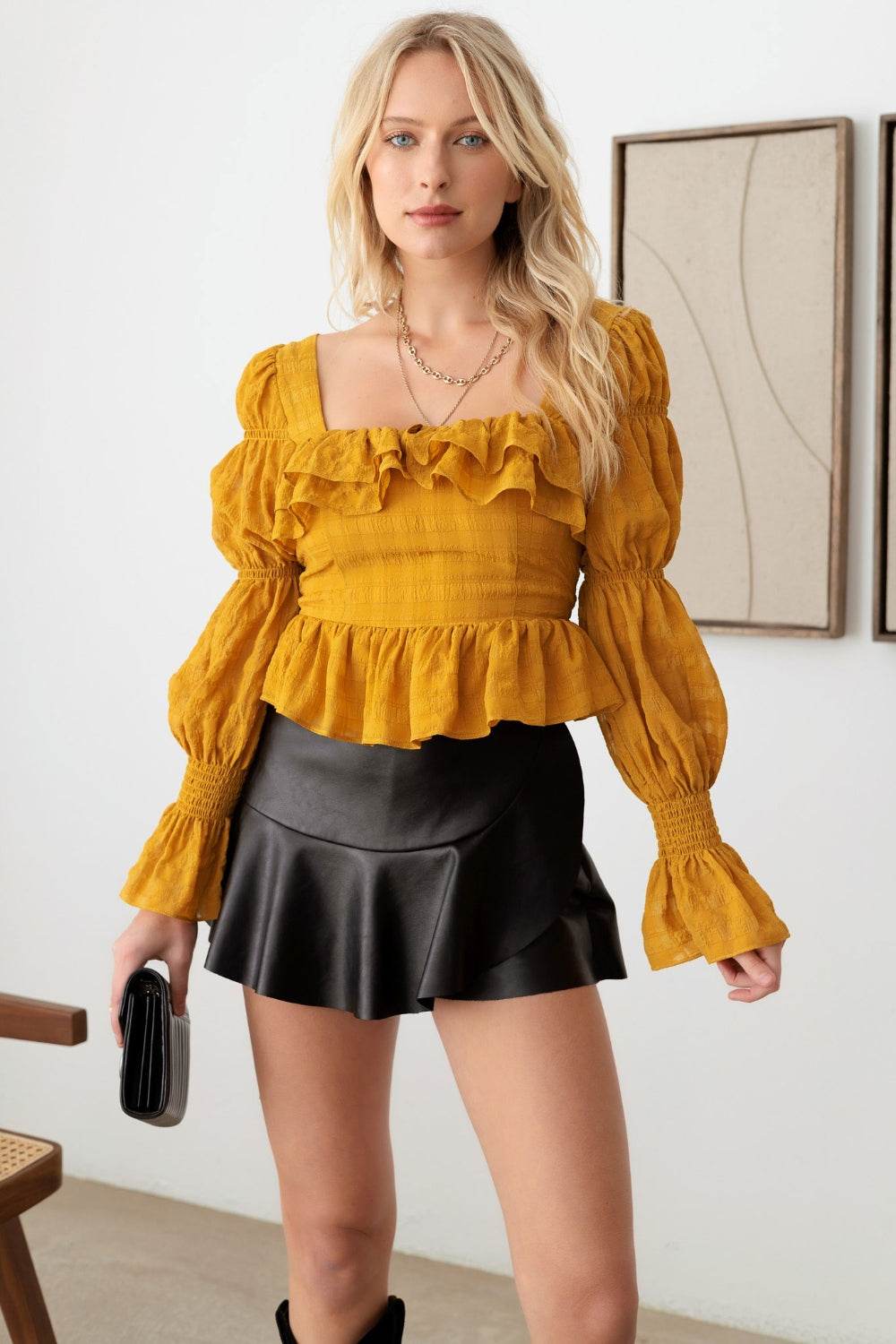 Mustard Seed Boho Shirred Smocked Peplum Long Sleeve Top - DaTrendStore.Com