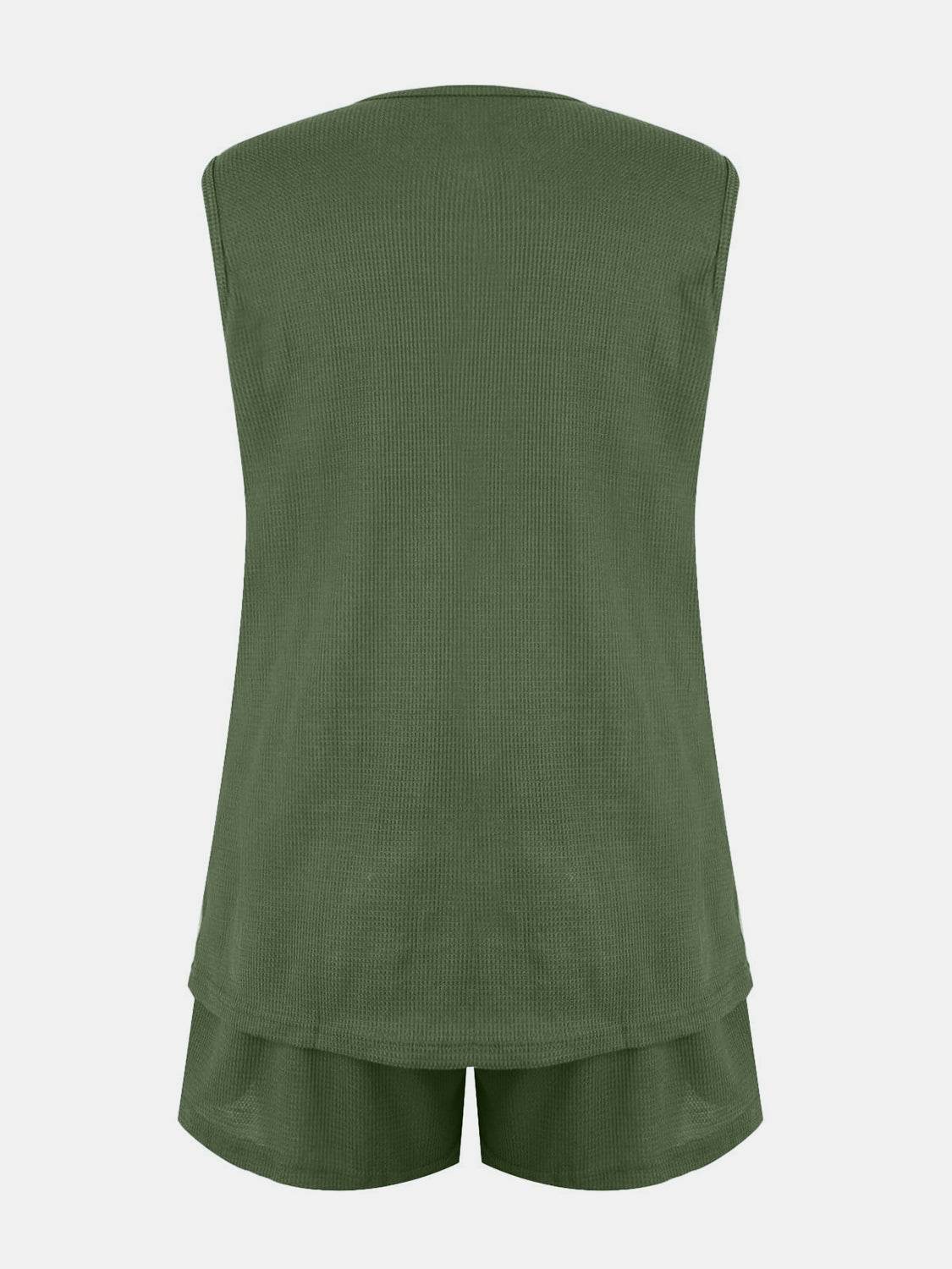 Full Size Waffle-Knit Notched Top and Shorts Set - DaTrendStore.Com