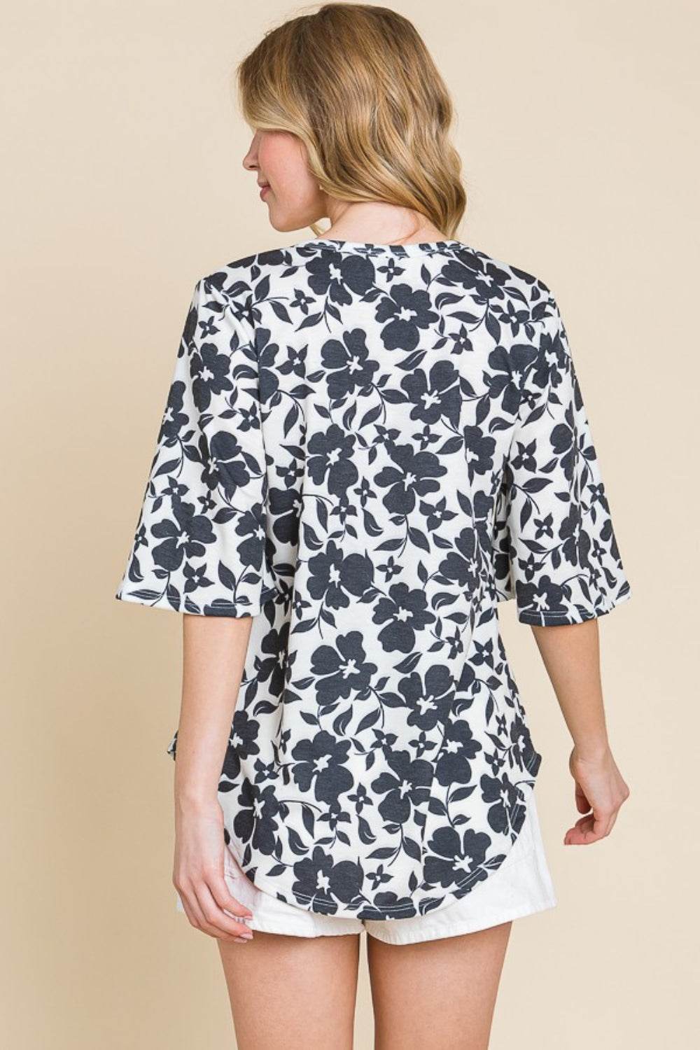 BOMBOM Floral Decorative Button V-Neck Top - DaTrendStore.Com