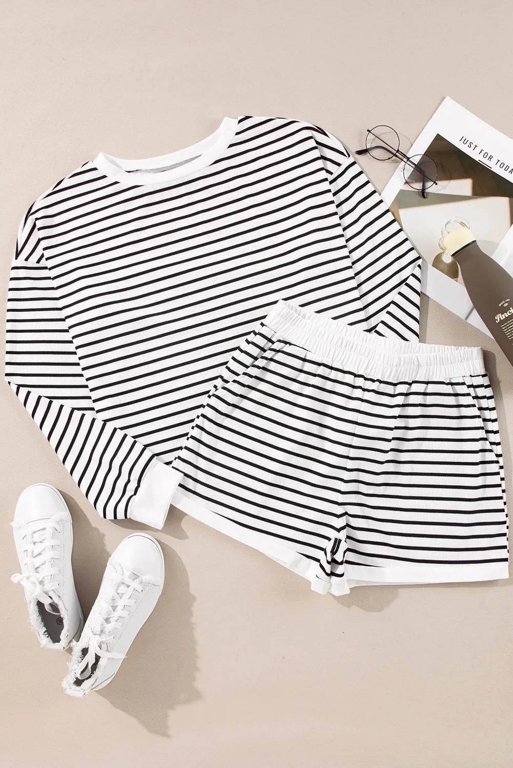 Striped Round Neck Long Sleeve Top and Shorts Set - DaTrendStore.Com