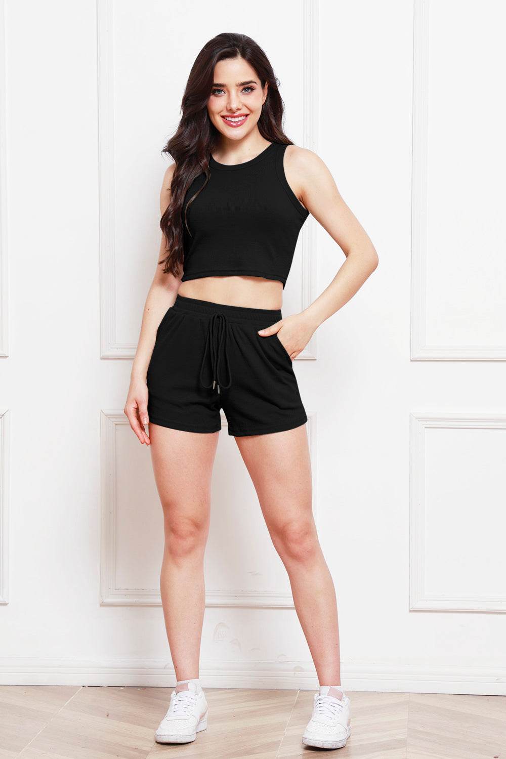 Round Neck Tank and Drawstring Shorts Set - DaTrendStore.Com