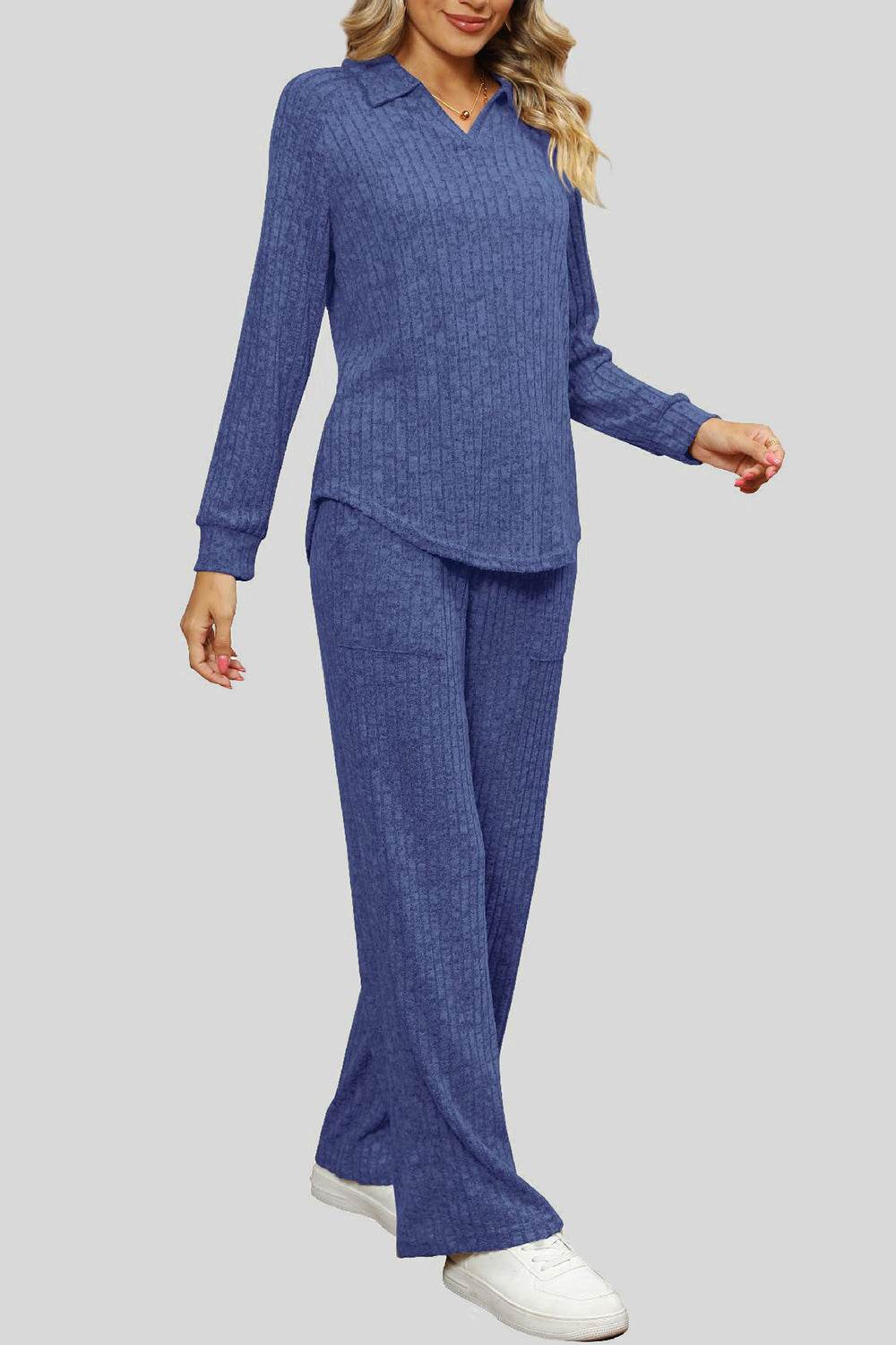 Ribbed Long Sleeve Top and Pocketed Pants Set - DaTrendStore.Com