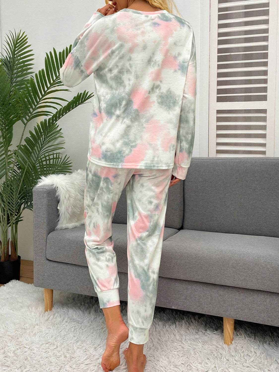 Shiny Tie-Dye Round Neck Top and Drawstring Pants Lounge Set - DaTrendStore.Com