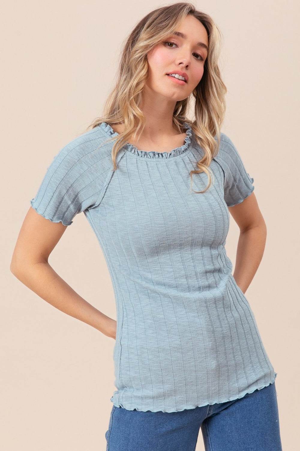 BiBi Ruffle Round Neck Merrow Edge Rib Top - DaTrendStore.Com
