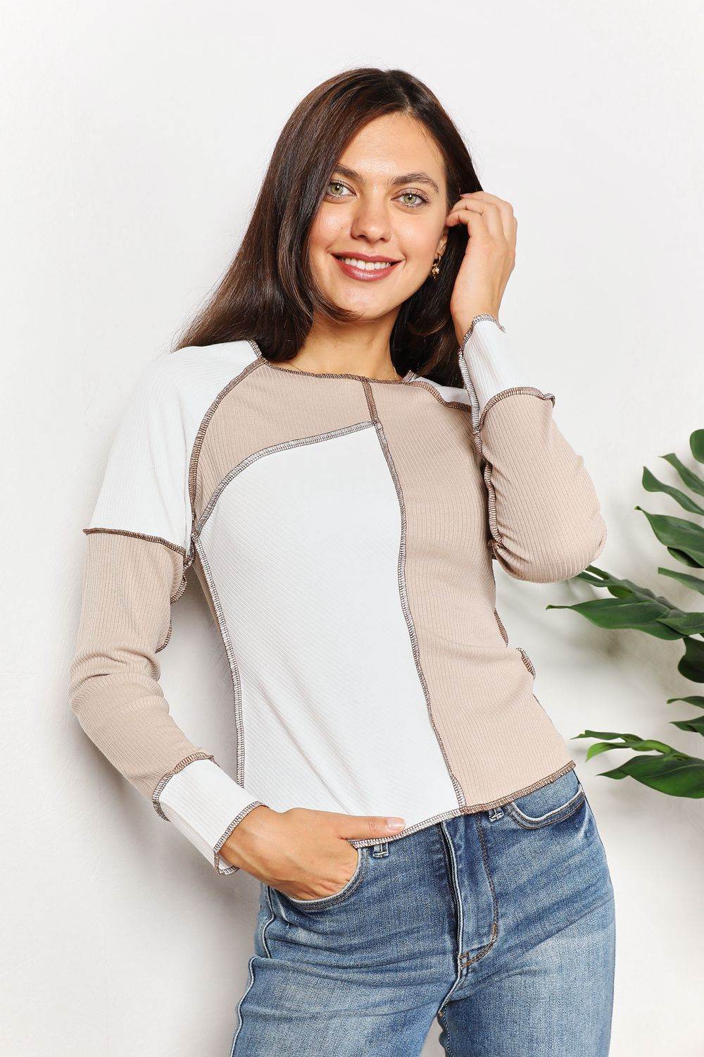 Double Take Color Block Exposed Seam Top - DaTrendStore.Com