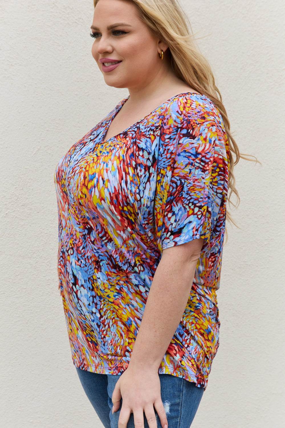 Be Stage Full Size Printed Dolman Flowy Top - DaTrendStore.Com