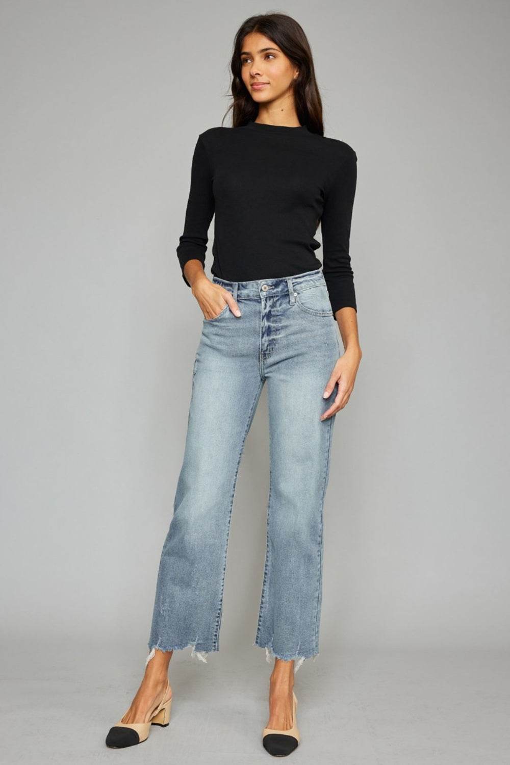 Kancan High Waist Raw Hem Cropped Wide Leg Jeans - DaTrendStore.Com
