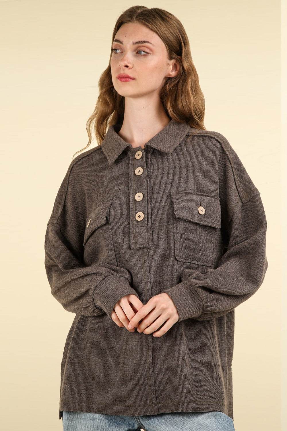 VERY J Collared Half Button Knit Top with Pockets - DaTrendStore.Com