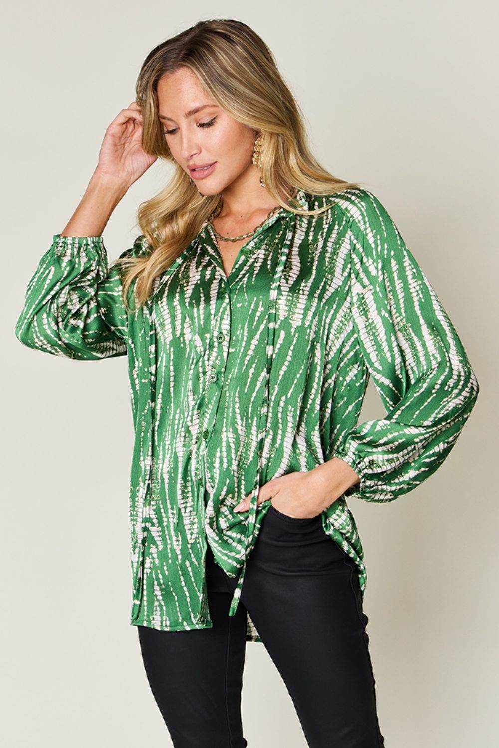 Double Take Full Size Printed Button Up Long Sleeve Shirt - DaTrendStore.Com