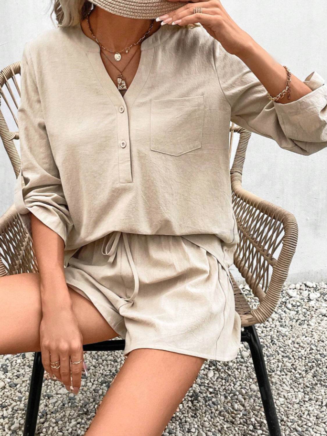 Notched Long Sleeve Top and Shorts Set - DaTrendStore.Com