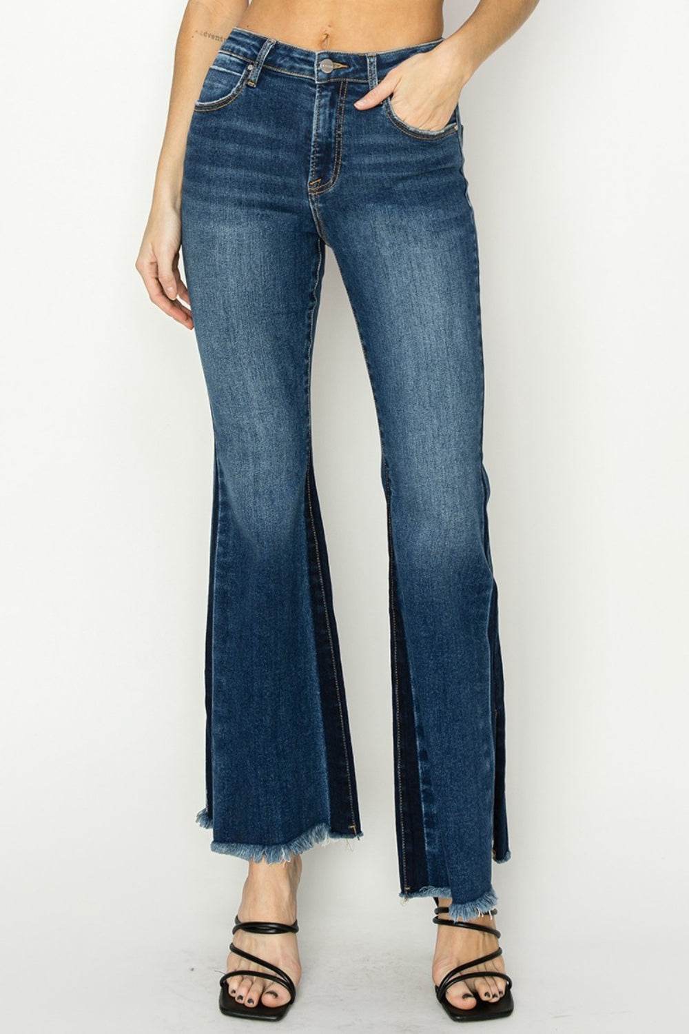 RISEN Full Size High Rise Side Shadow Seam Detail Slit Flare Jeans - DaTrendStore.Com