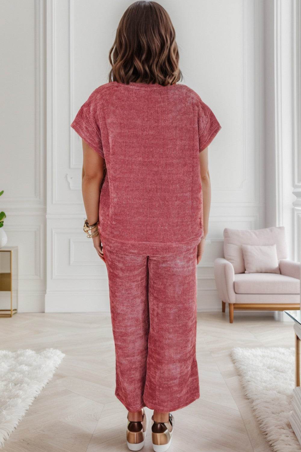 Round Neck Short Sleeve Top and Pants Set - DaTrendStore.Com