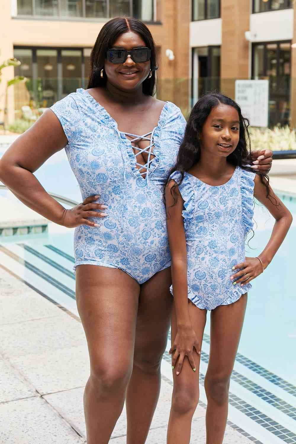 Marina West Swim Bring Me Flowers V-Neck One Piece Swimsuit In Thistle Blue - DaTrendStore.Com