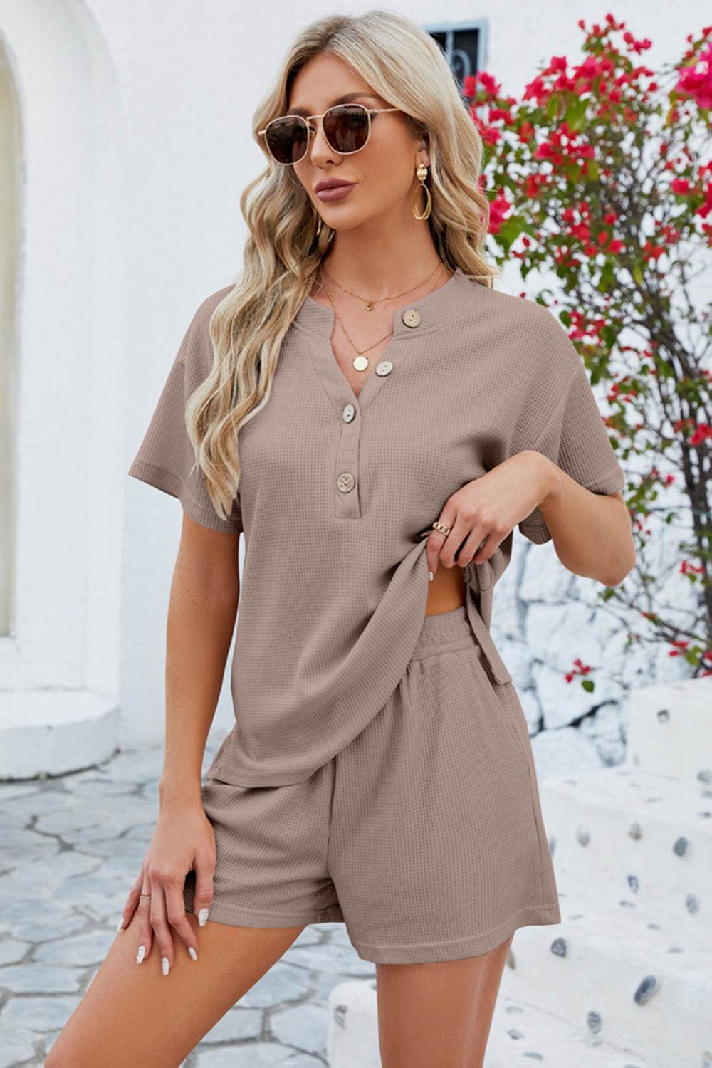 Notched Button Detail Dropped Shoulder Top and Shorts Set - DaTrendStore.Com