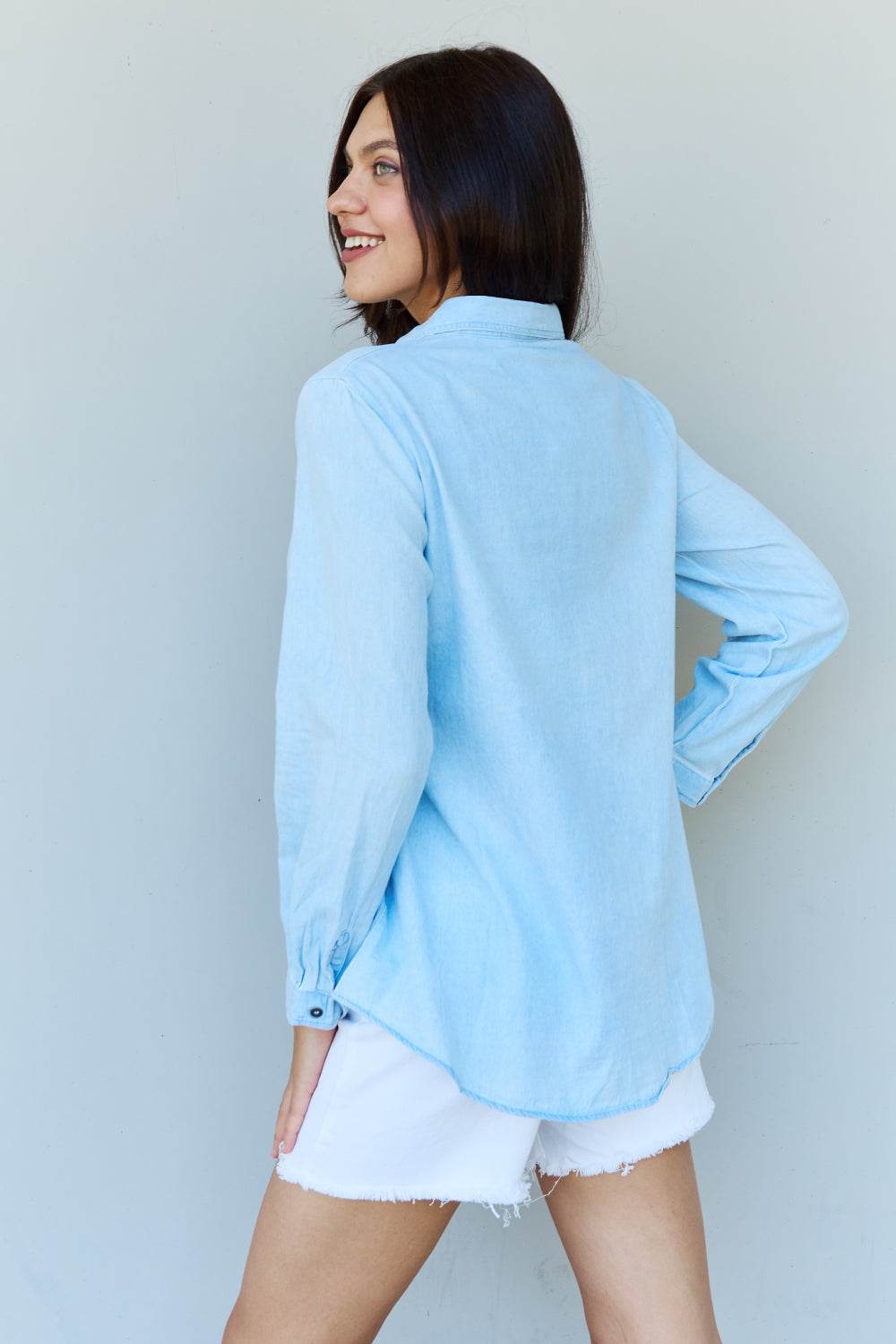 Doublju Blue Jean Baby Denim Button Down Shirt Top in Light Blue - DaTrendStore.Com