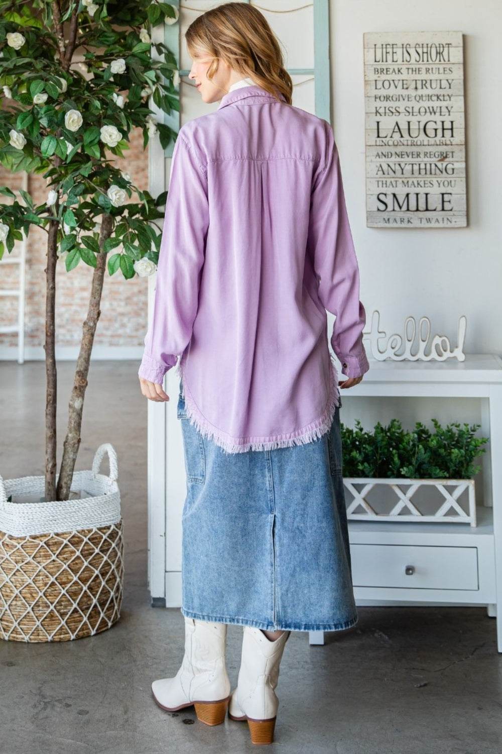 Veveret Raw Hem Button Up Long Sleeve Shirt - DaTrendStore.Com