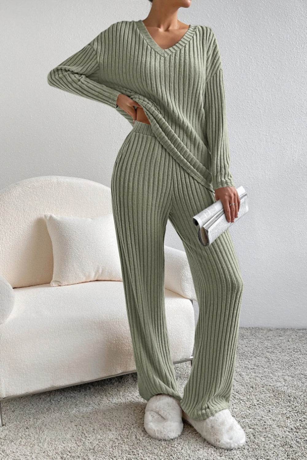 Ribbed V-Neck Top and Pants Set - DaTrendStore.Com