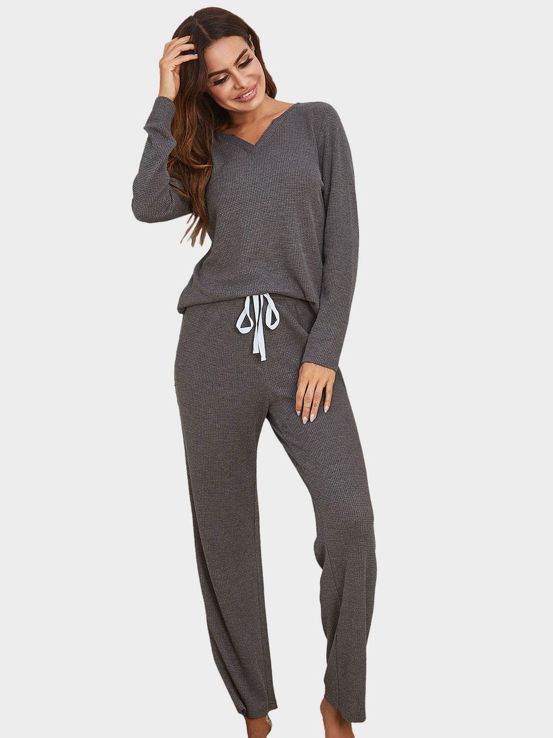 Notched Long Sleeve Top and Pants Set - DaTrendStore.Com