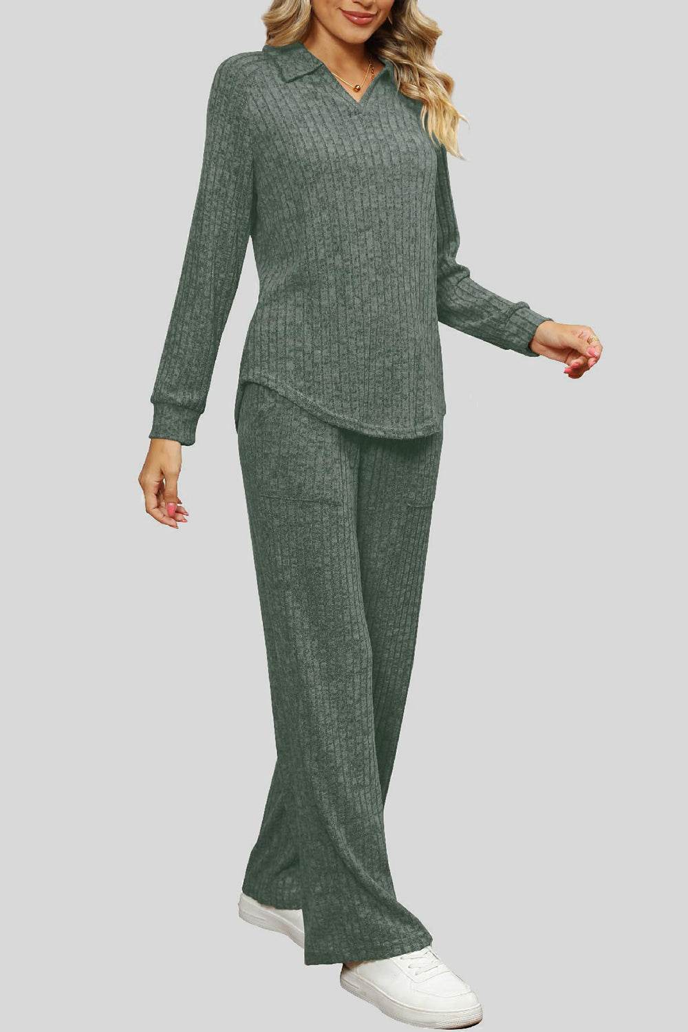 Ribbed Long Sleeve Top and Pocketed Pants Set - DaTrendStore.Com