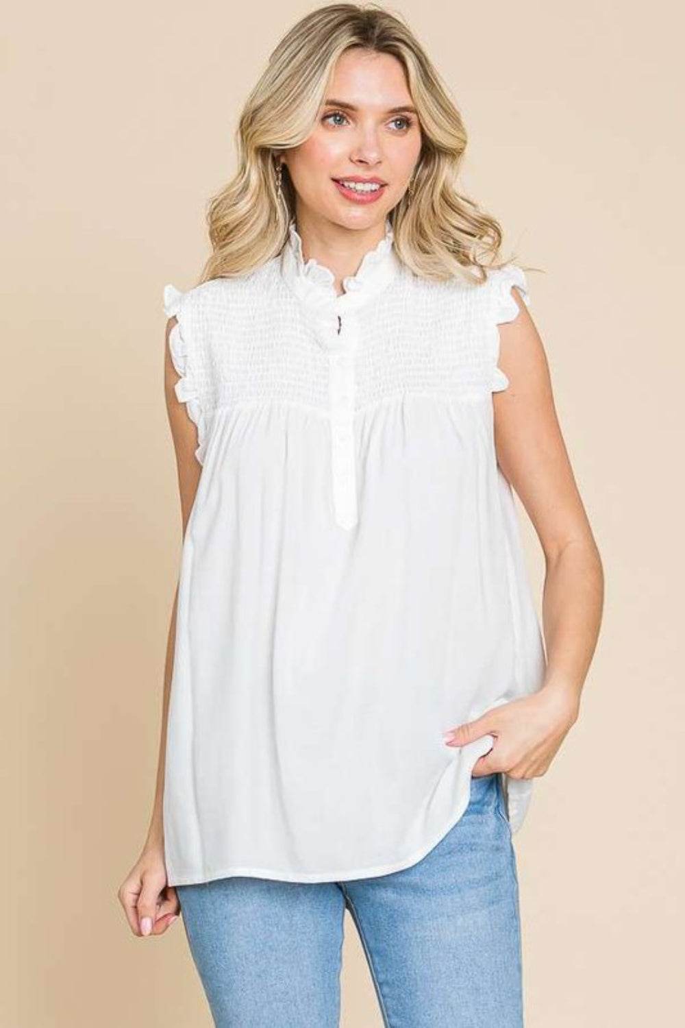 Culture Code Full Size Frill Edge Smocked Sleeveless Top - DaTrendStore.Com