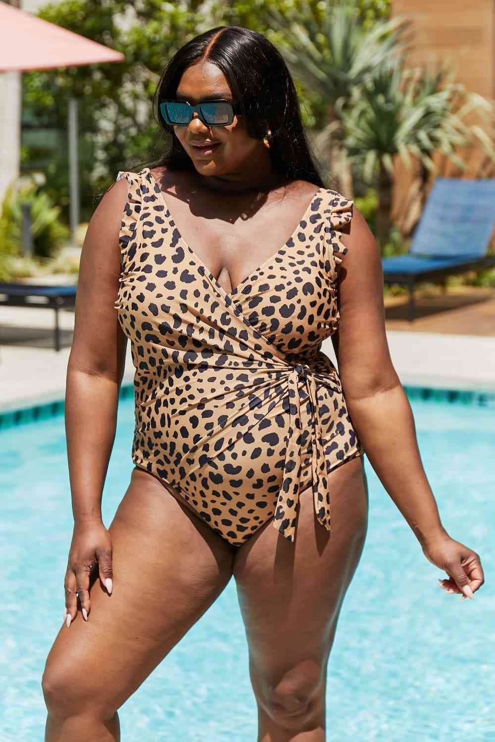 Marina West Swim Full Size Float On Ruffle Faux Wrap One-Piece in Leopard - DaTrendStore.Com