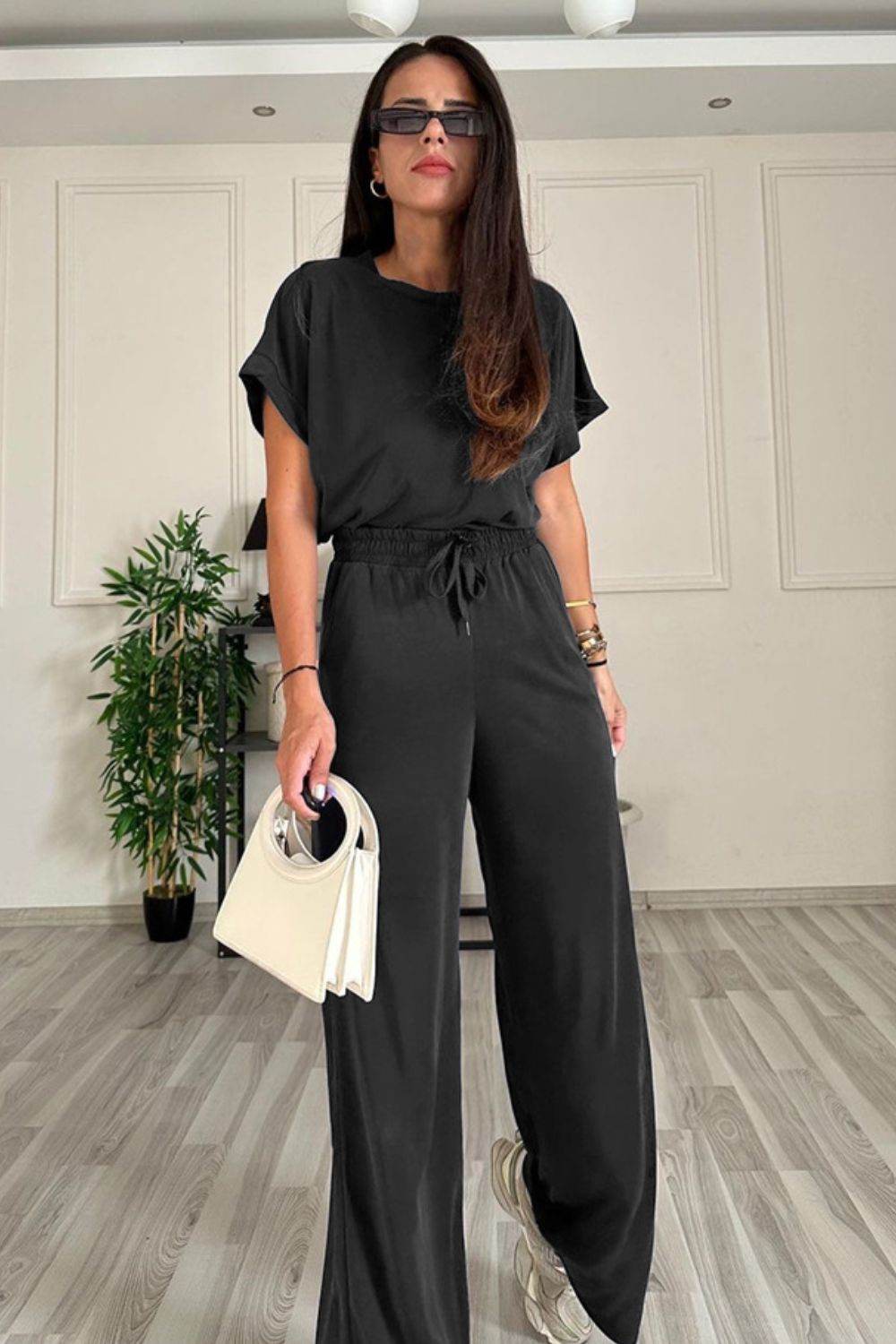 Round Neck Short Sleeve Top and Drawstring Pants Set - DaTrendStore.Com