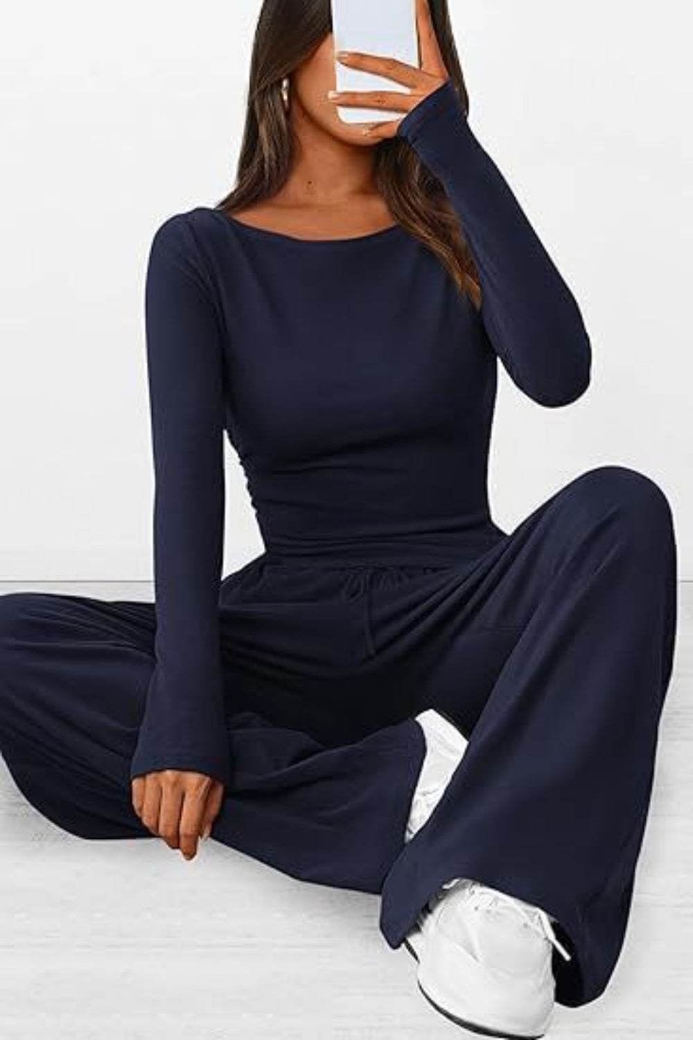 Round Neck Long Sleeve Top and Pants Set - DaTrendStore.Com