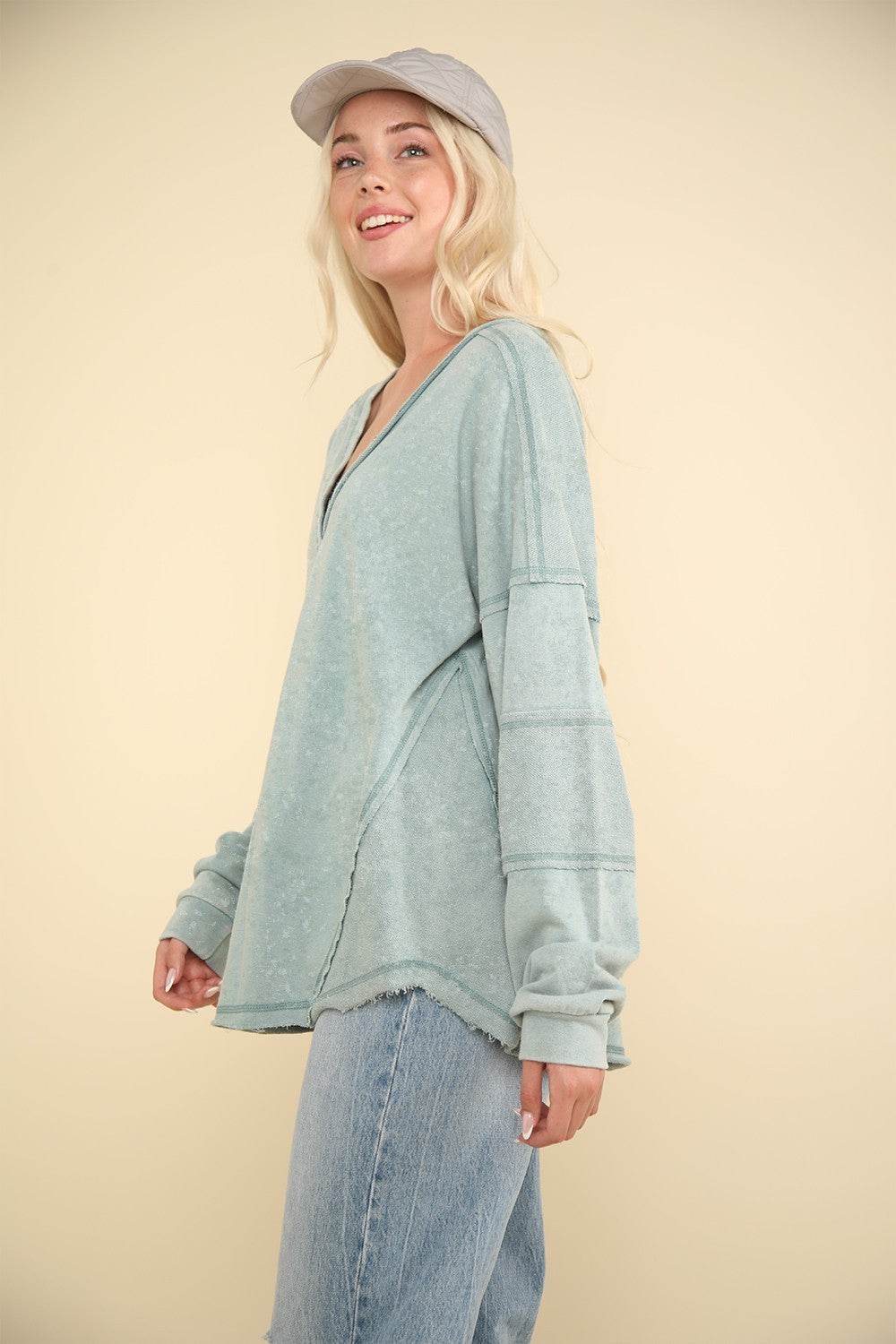 VERY J Washed V-Neck Exposed Seam Knit Top - DaTrendStore.Com
