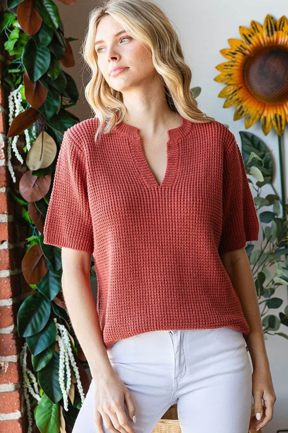 First Love Notched Short Sleeve Knit Top - DaTrendStore.Com