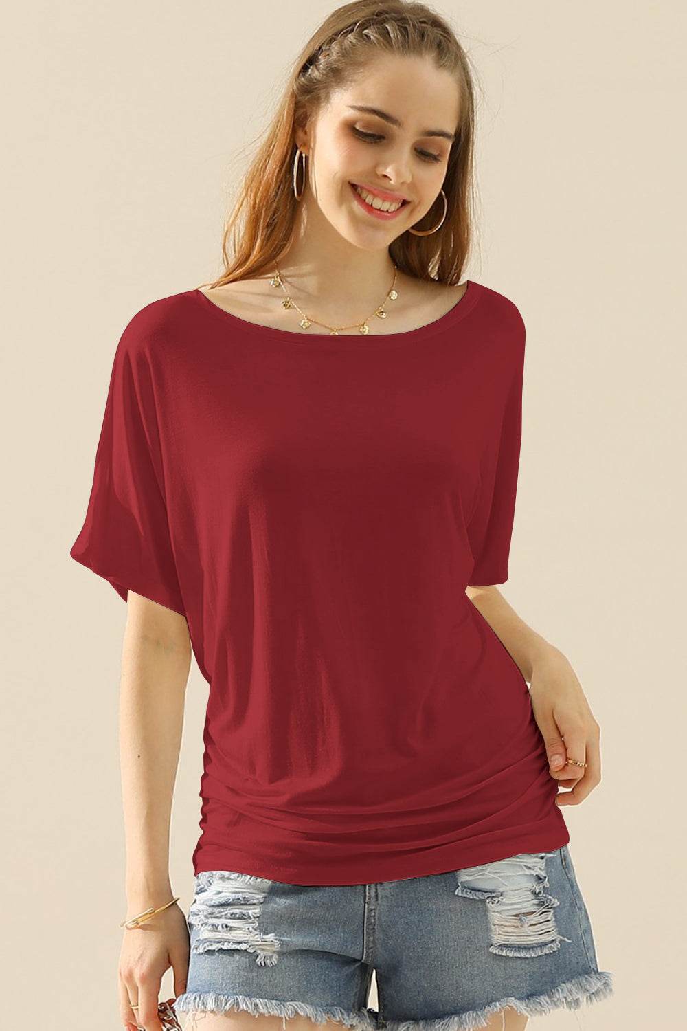 Ninexis Boat Neck Short Sleeve Ruched Side Top - DaTrendStore.Com