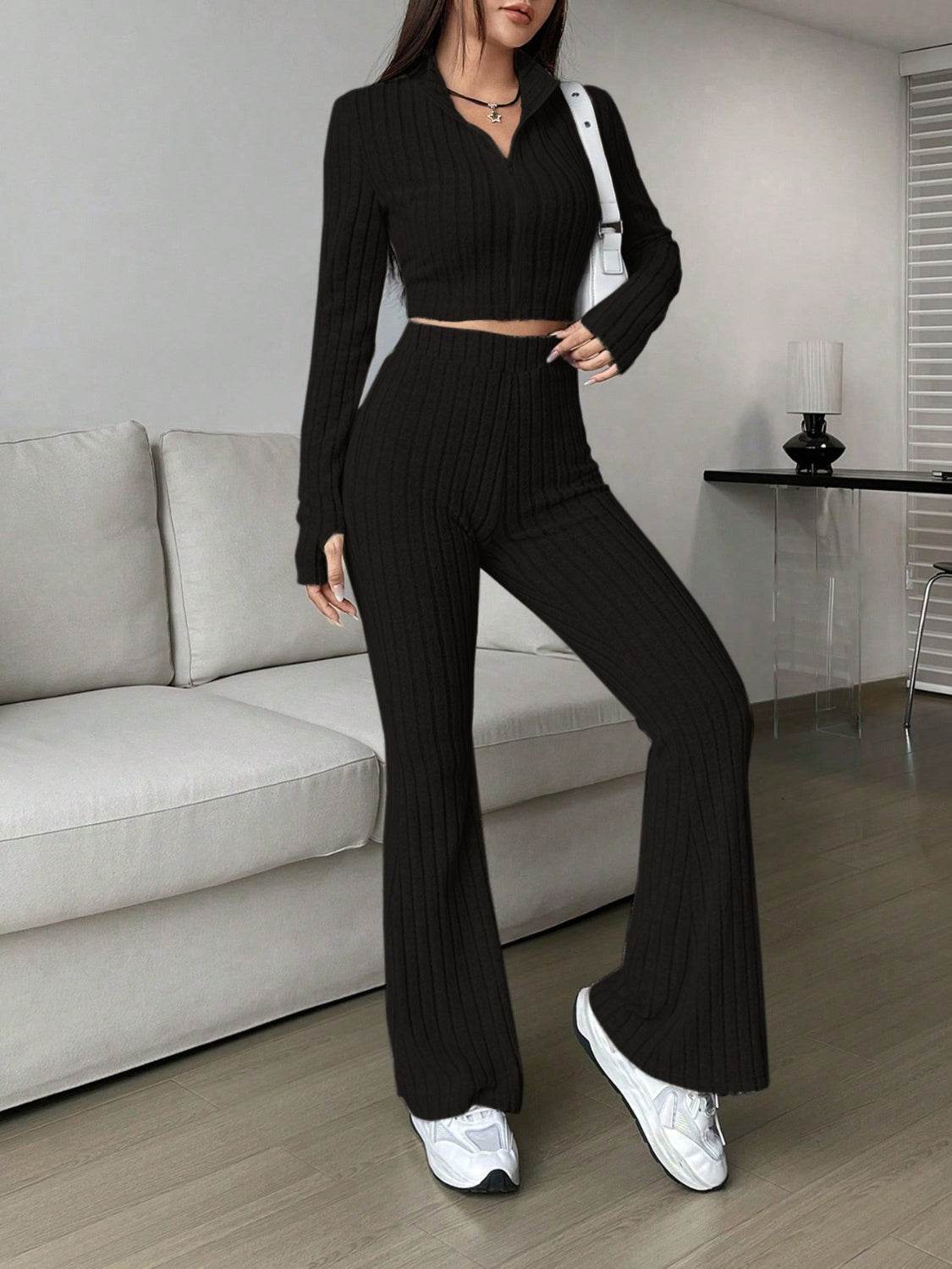 Honey Zip Up Long Sleeve Top and Pants Set - DaTrendStore.Com