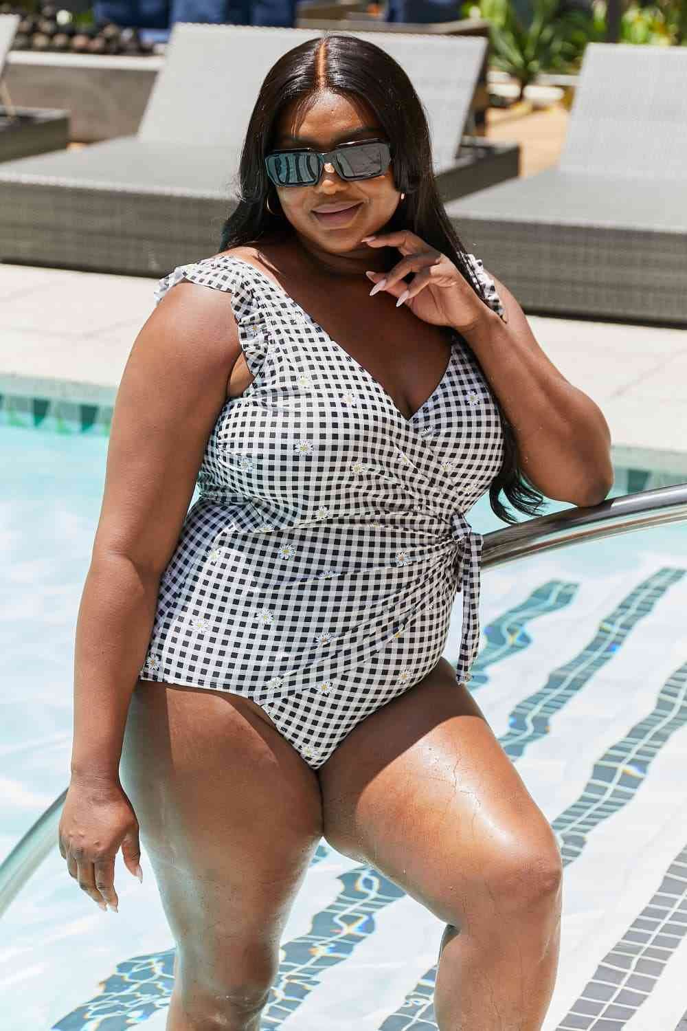 Marina West Swim Full Size Float On Ruffle Faux Wrap One-Piece in Black - DaTrendStore.Com