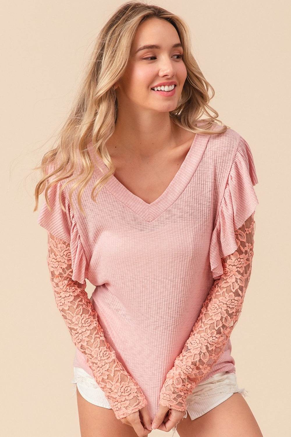 BiBi Ruffled Lace Sleeve Rib Knit Top - DaTrendStore.Com