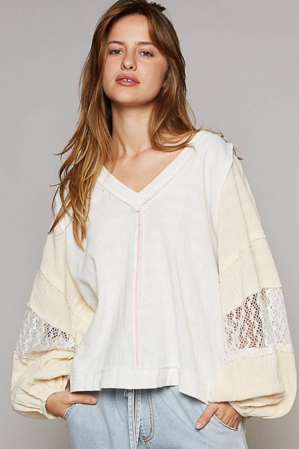 POL Balloon Sleeve Crochet Patch Top - DaTrendStore.Com