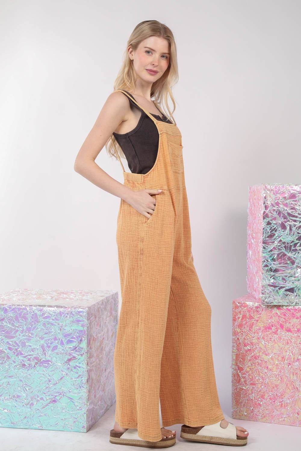 VERY J Texture Washed Wide Leg Overalls - DaTrendStore.Com