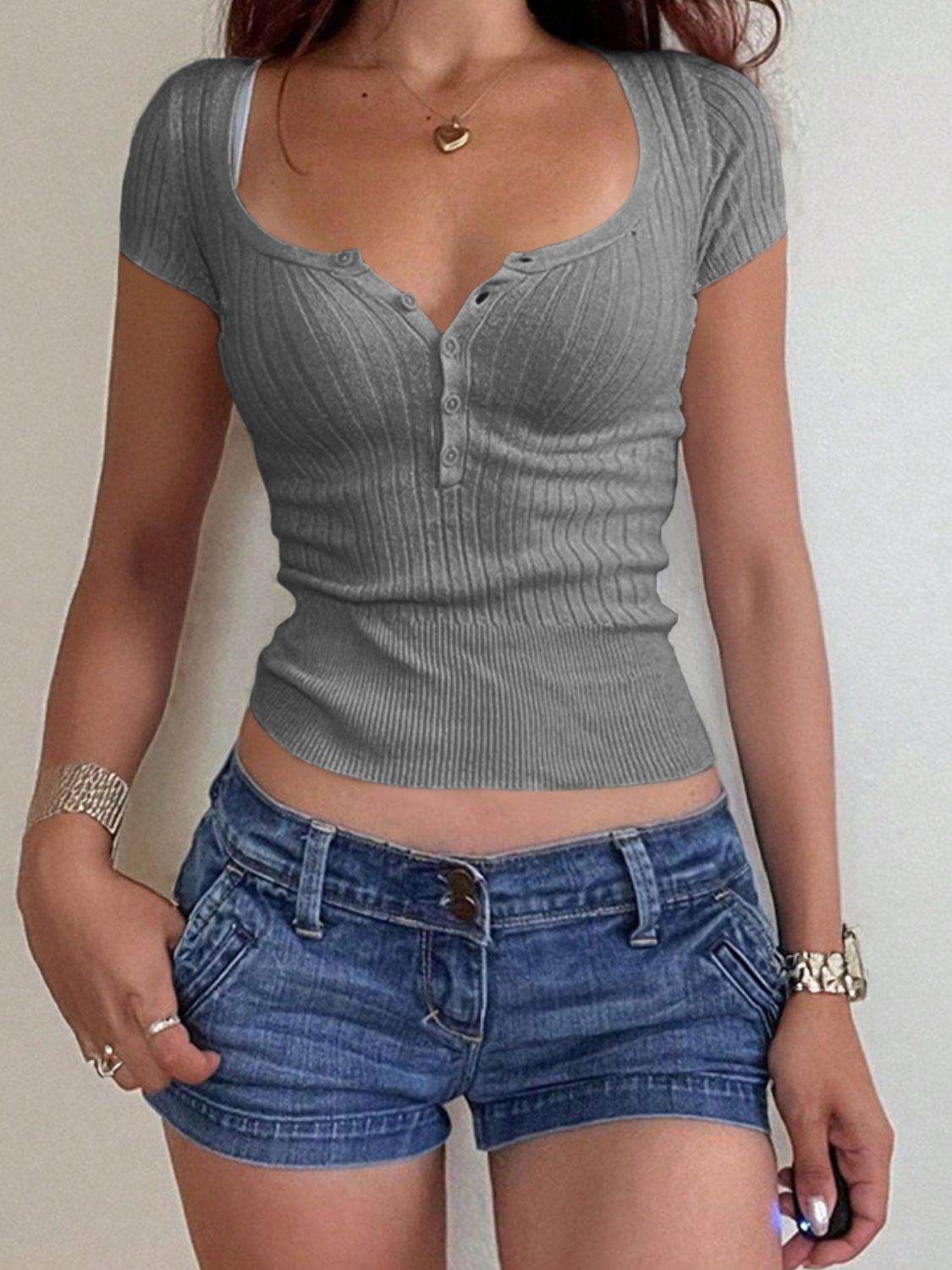 Half Button Scoop Neck Short Sleeve Knit Top - DaTrendStore.Com