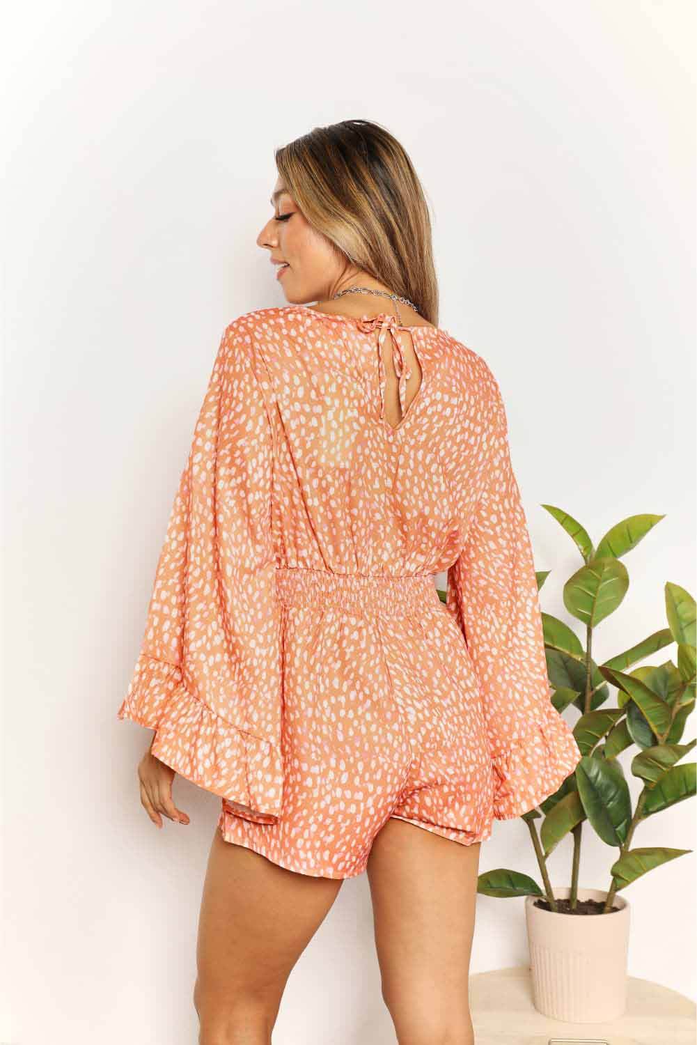 Double Take Printed Flare Sleeve Surplice Romper - DaTrendStore.Com