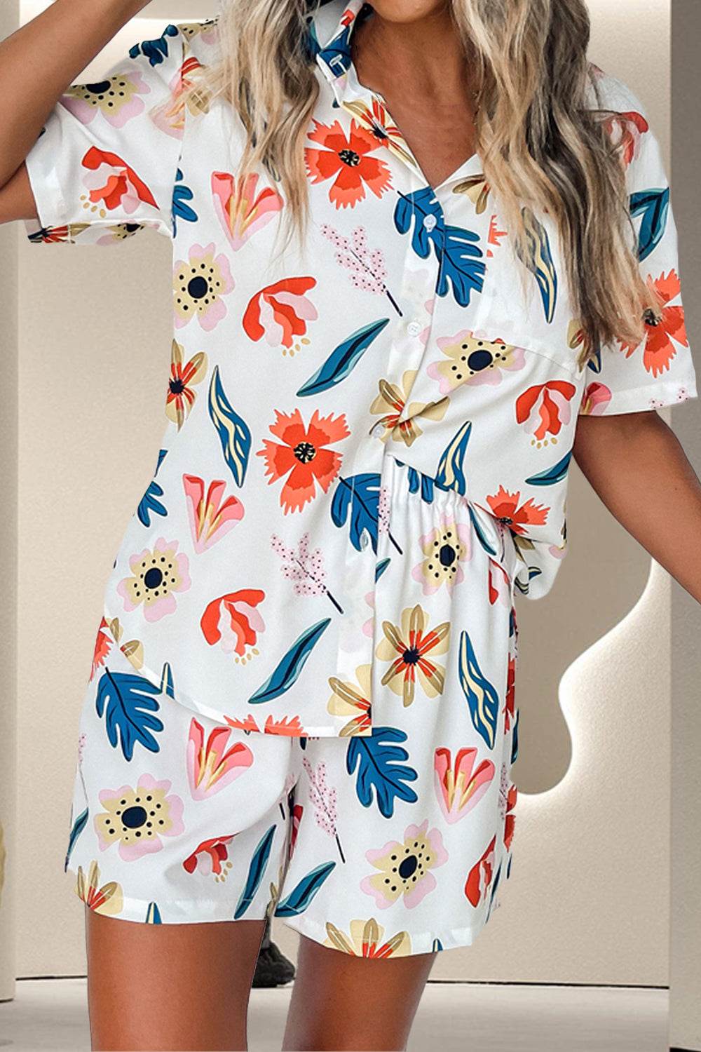 Printed Button Up Top and Shorts Set - DaTrendStore.Com