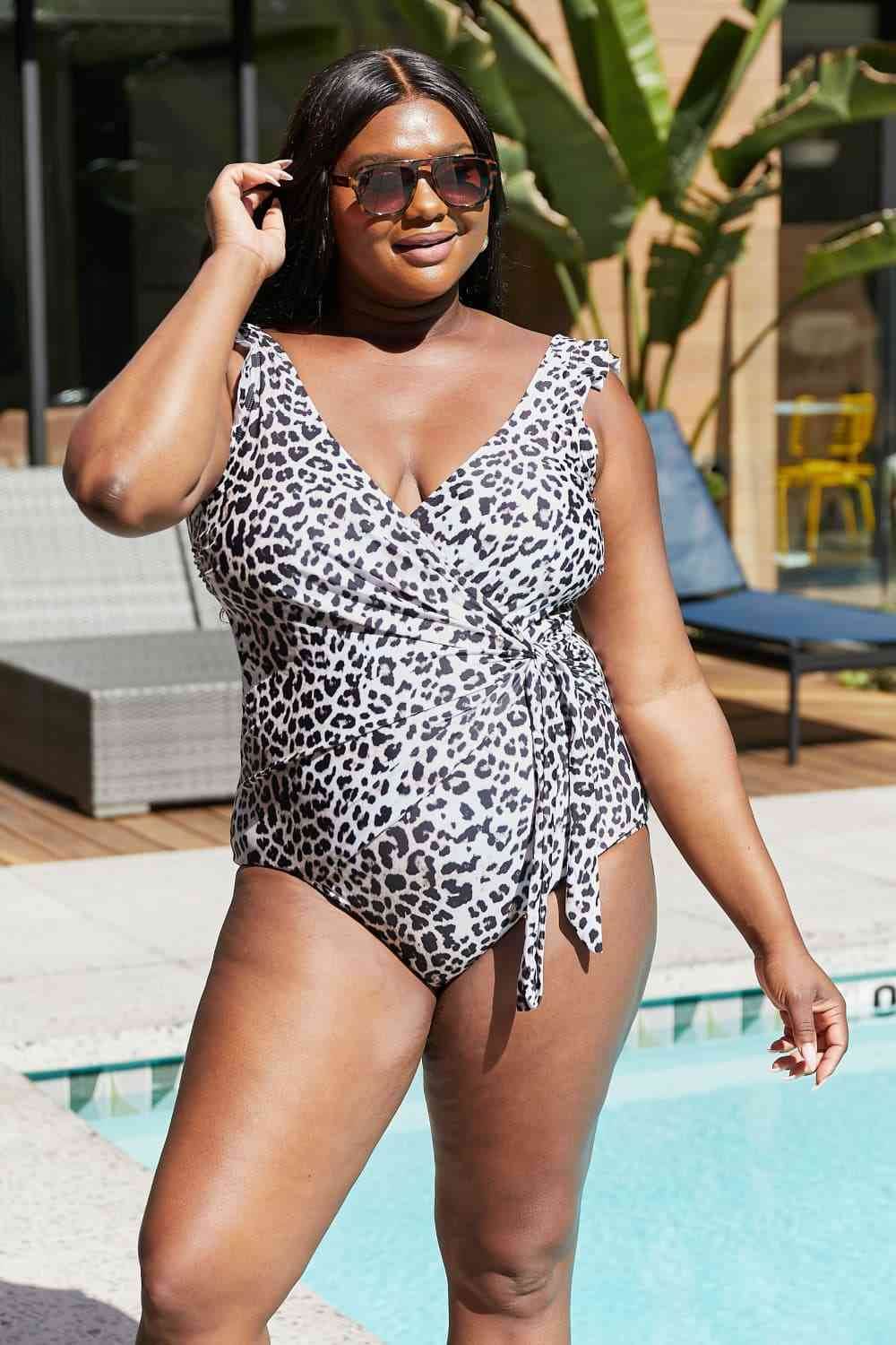 Marina West Swim Full Size Float On Ruffle Faux Wrap One-Piece in Cat - DaTrendStore.Com