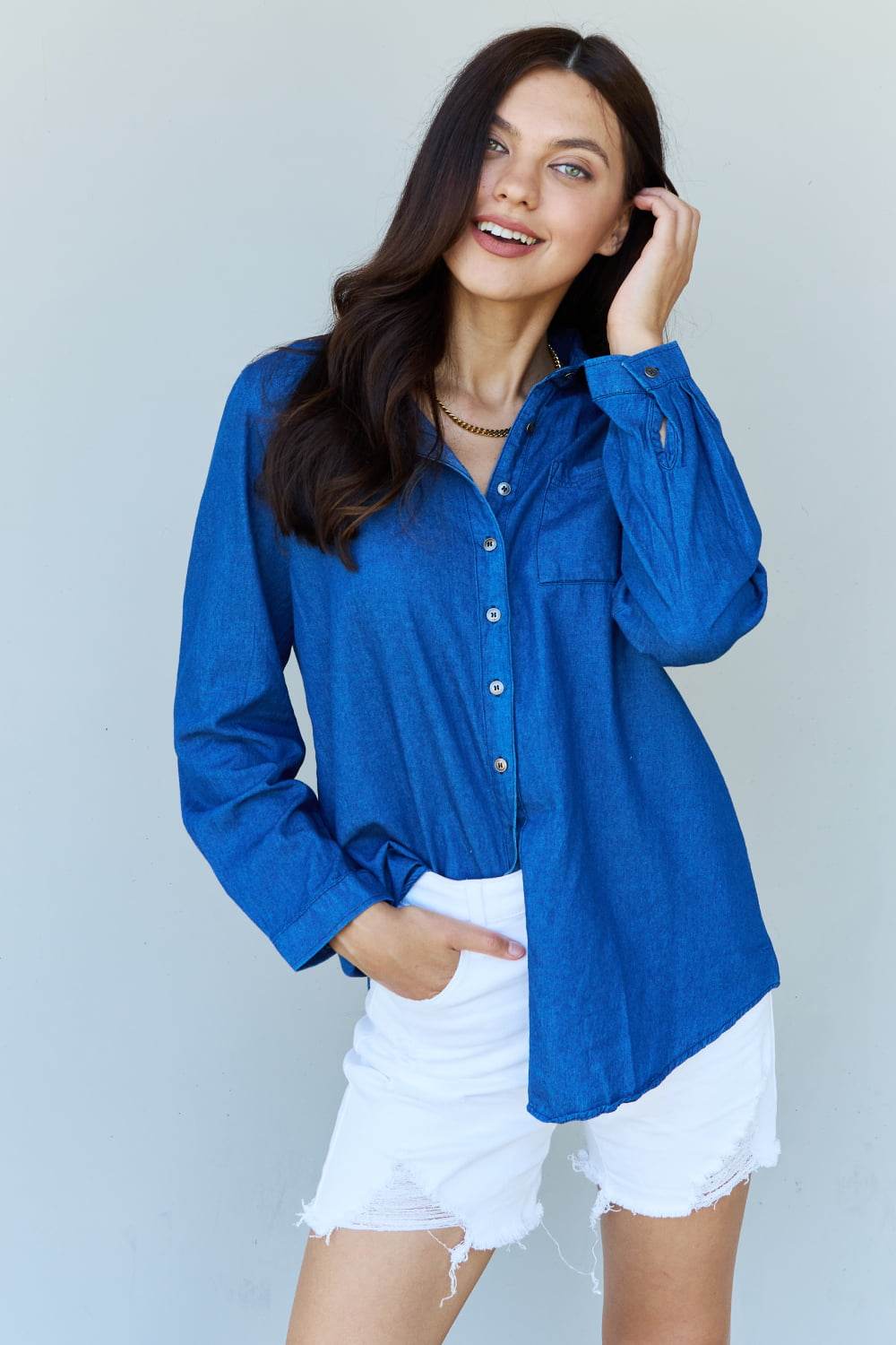 Doublju Blue Jean Baby Denim Button Down Shirt Top in Dark Blue - DaTrendStore.Com